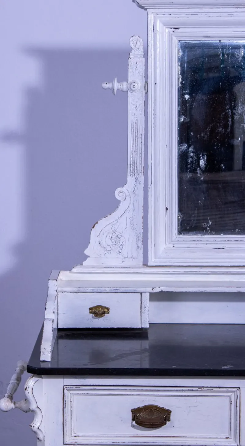 Discount Pamono Small Antique White Pine Chest of 4 Drawers with Marble Top and Mirror, Late 19th Century