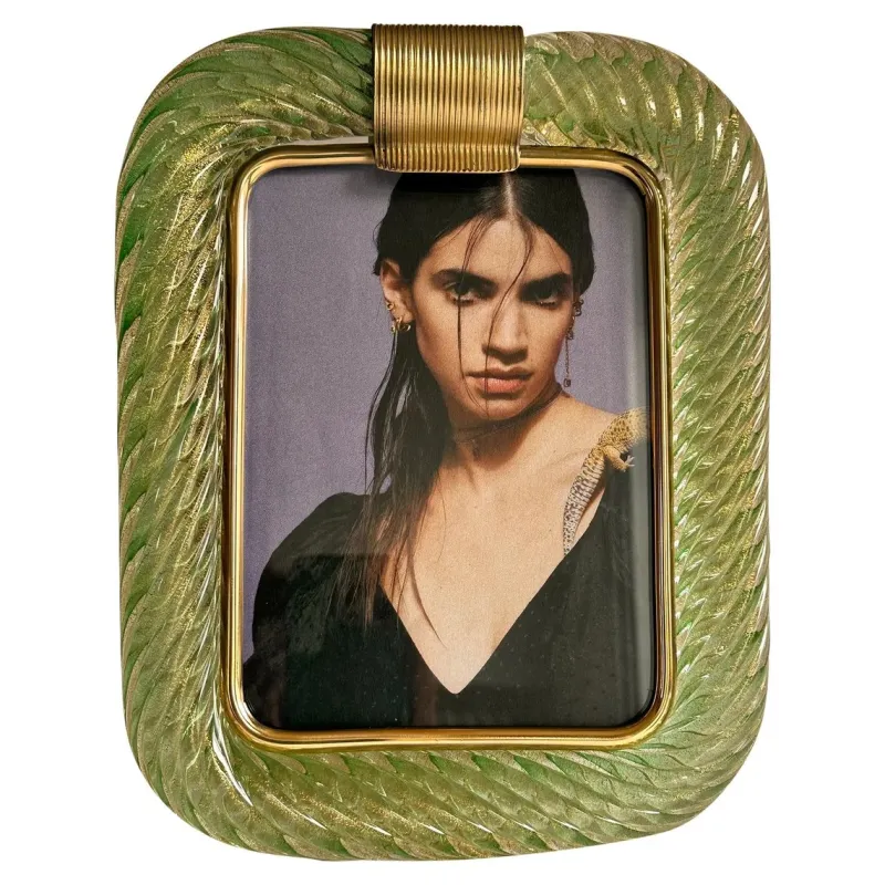 Pamono Small Green Torchon Picture Frame in Murano Glass and Brass by Simoeng> Decorative Objects