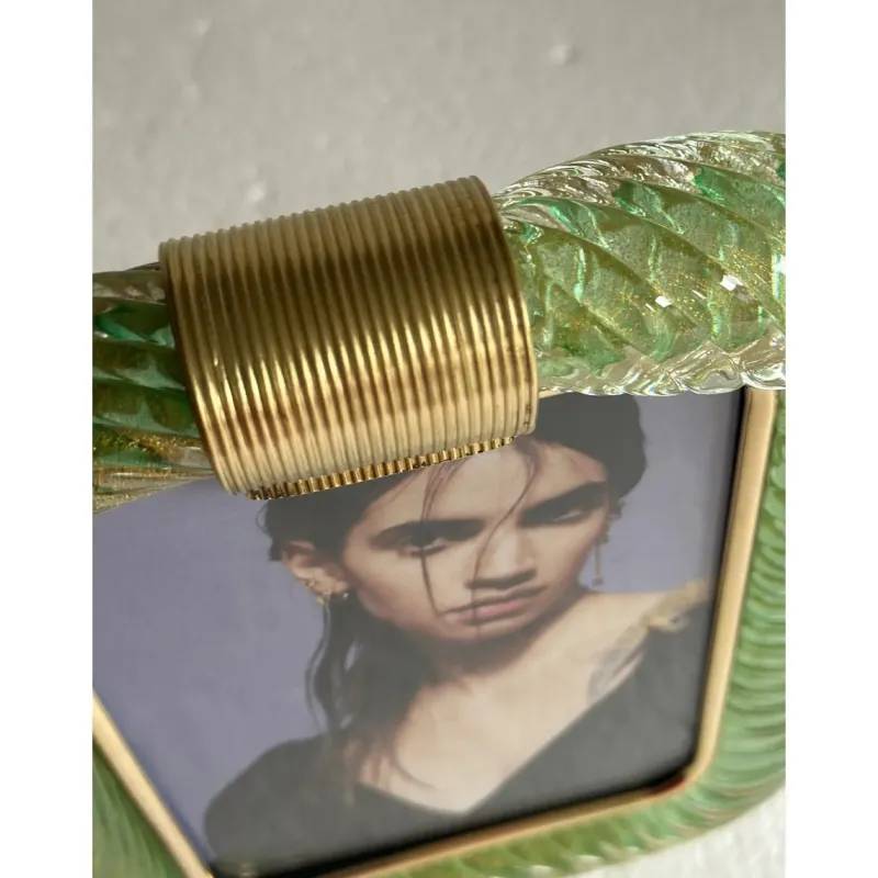 Pamono Small Green Torchon Picture Frame in Murano Glass and Brass by Simoeng> Decorative Objects