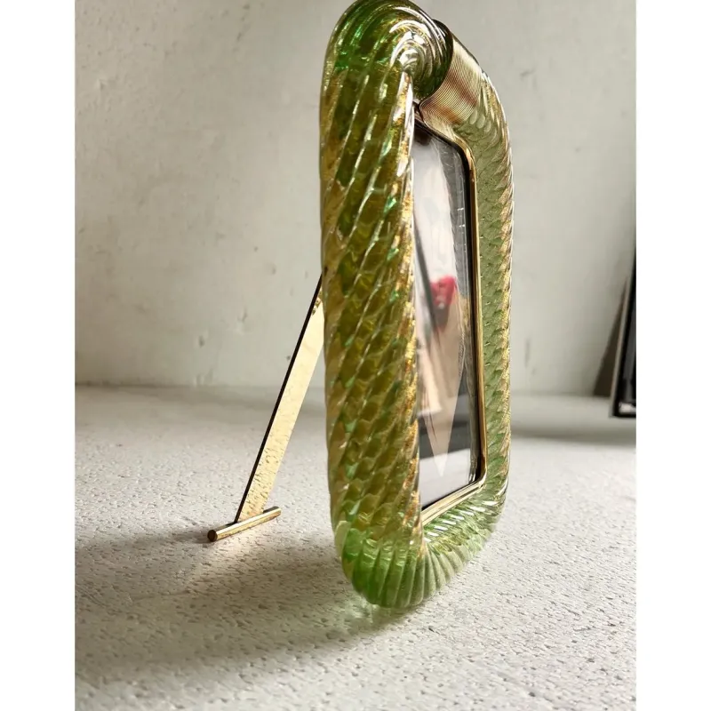 Pamono Small Green Torchon Picture Frame in Murano Glass and Brass by Simoeng> Decorative Objects