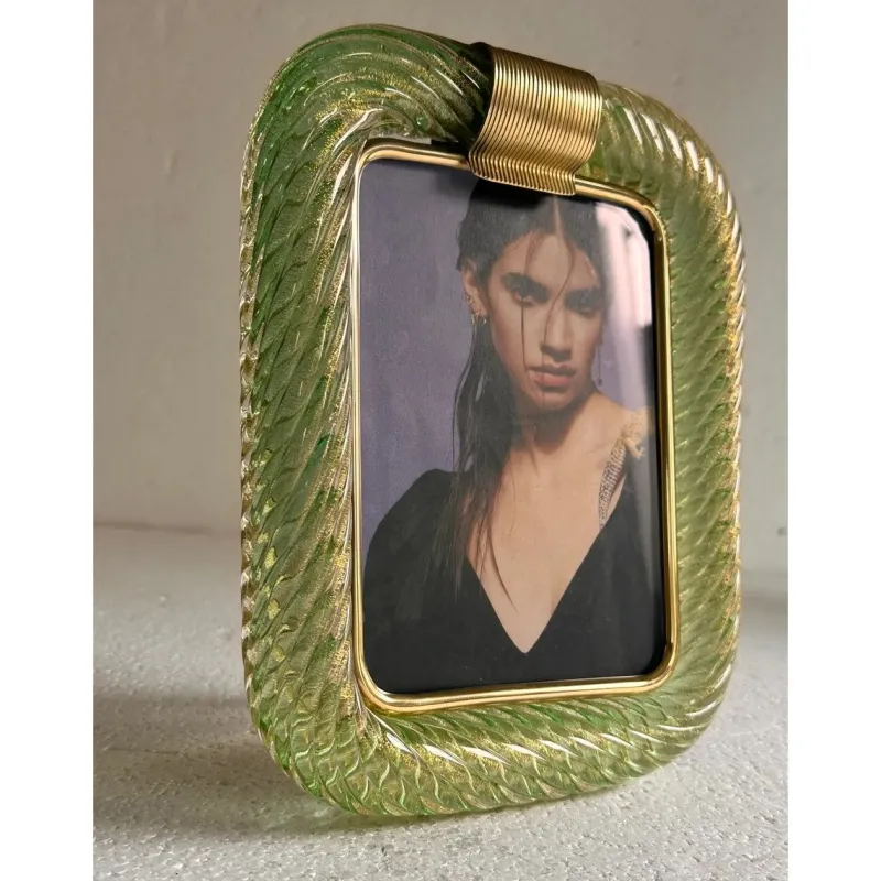 Pamono Small Green Torchon Picture Frame in Murano Glass and Brass by Simoeng> Decorative Objects