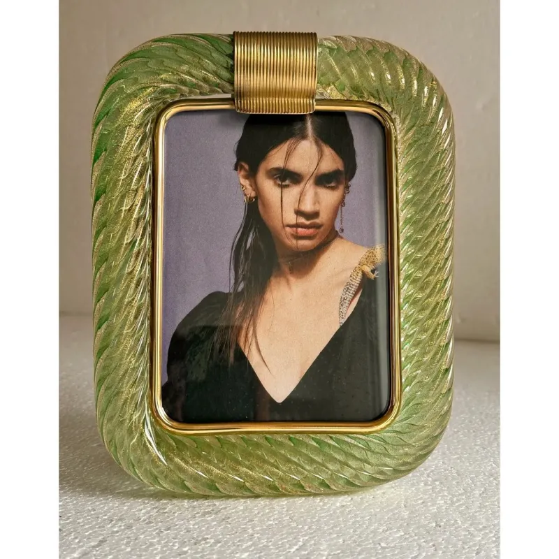 Pamono Small Green Torchon Picture Frame in Murano Glass and Brass by Simoeng> Decorative Objects