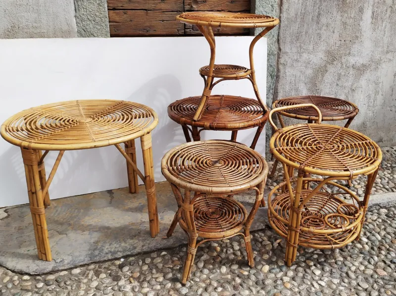 Pamono Small Italian Wicker Tables, 1950s, Set of 6