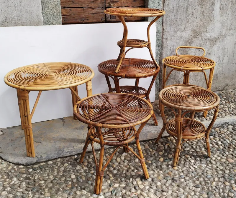Pamono Small Italian Wicker Tables, 1950s, Set of 6