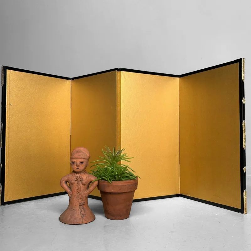 Pamono Small Japanese Byōbu Folding Screen in Gold Color, 1960s> Room Dividers & Screens