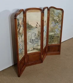 Best Pamono Small Painted Silk & Solid Walnut Screen, 1900