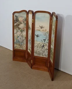 Best Pamono Small Painted Silk & Solid Walnut Screen, 1900
