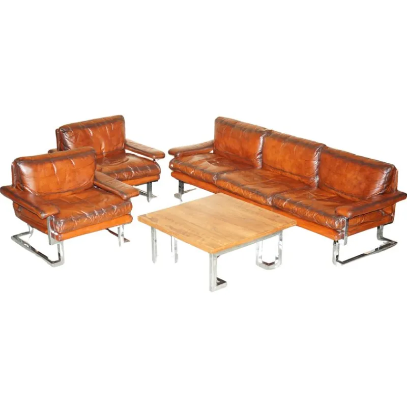 Pamono Sofa and Armchair Suite in Leather and Chrome, Set of 4> Living Room Sets