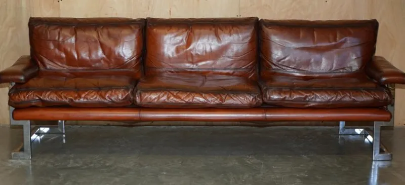 Pamono Sofa and Armchair Suite in Leather and Chrome, Set of 4> Living Room Sets