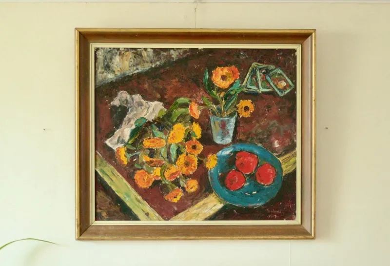 Pamono Solveig, Still Life, Oil on Panel, Mid-20th Century, Framed> Mid-Century
