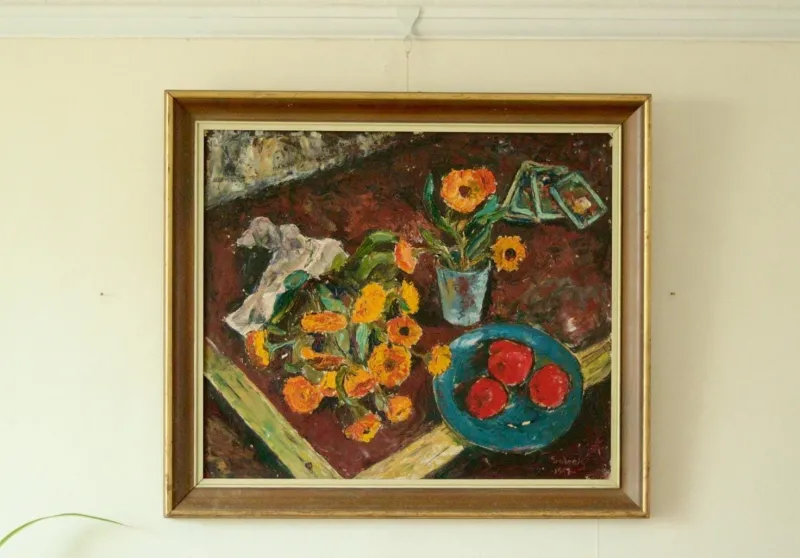 Pamono Solveig, Still Life, Oil on Panel, Mid-20th Century, Framed> Mid-Century