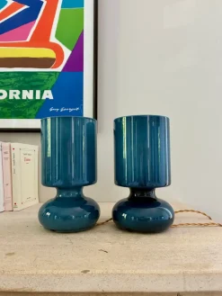 Pamono Space Age Blue Glass Bedside Lamps, 1980, Set of 2> Table Lamps