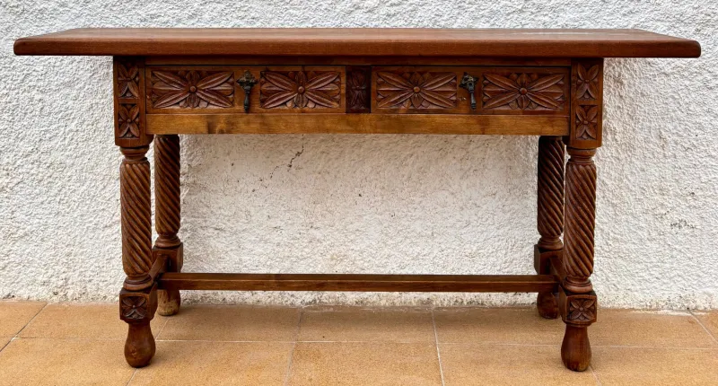 Pamono Spanish Castilian Console with Drawers and Turned Legs, 1890s> Console Tables