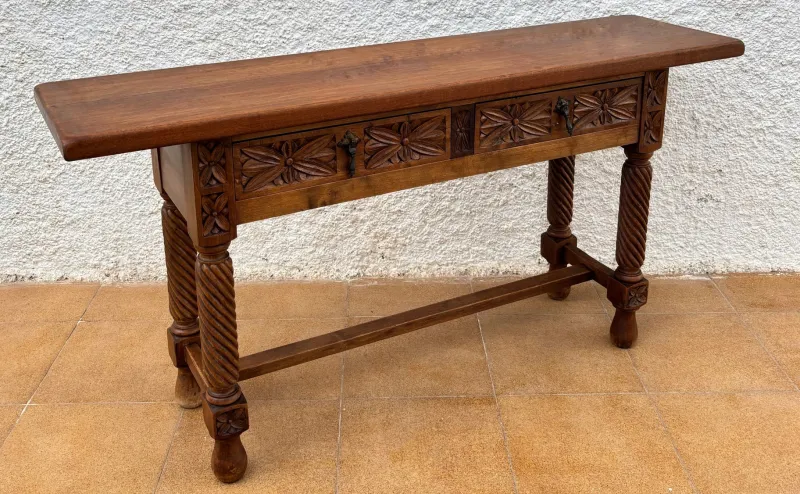 Pamono Spanish Castilian Console with Drawers and Turned Legs, 1890s> Console Tables