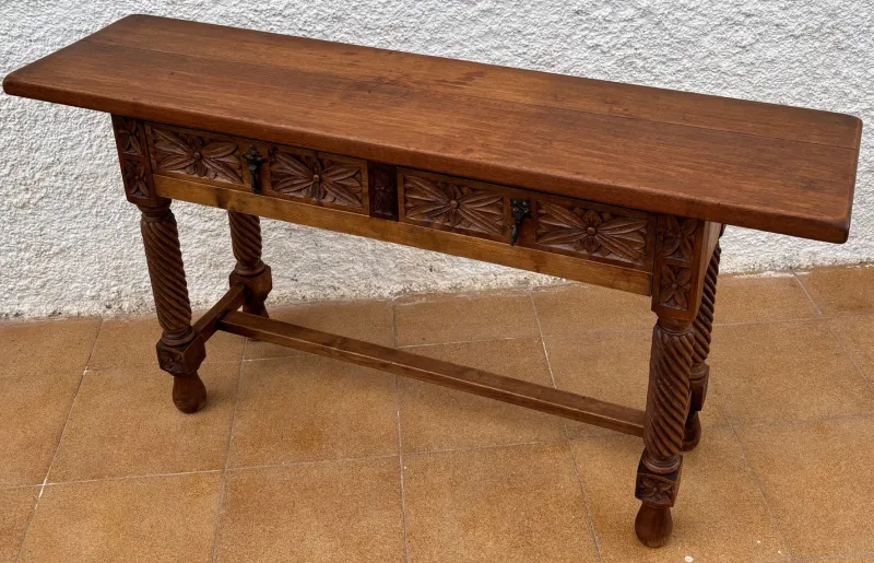 Pamono Spanish Castilian Console with Drawers and Turned Legs, 1890s> Console Tables