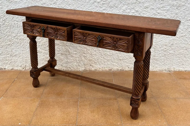 Pamono Spanish Castilian Console with Drawers and Turned Legs, 1890s> Console Tables