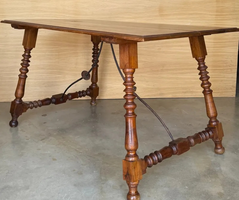 Sale Pamono Spanish Side Table with Carved Turned Legs and Double Stretcher, 1890s