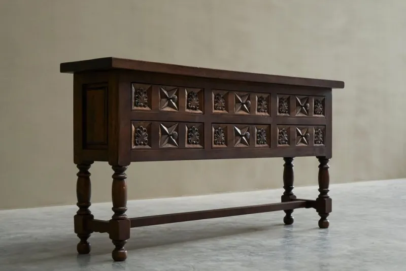 Pamono Spanish Style Sideboard in Hand Carved Walnut and Wrought Iron, 1940s