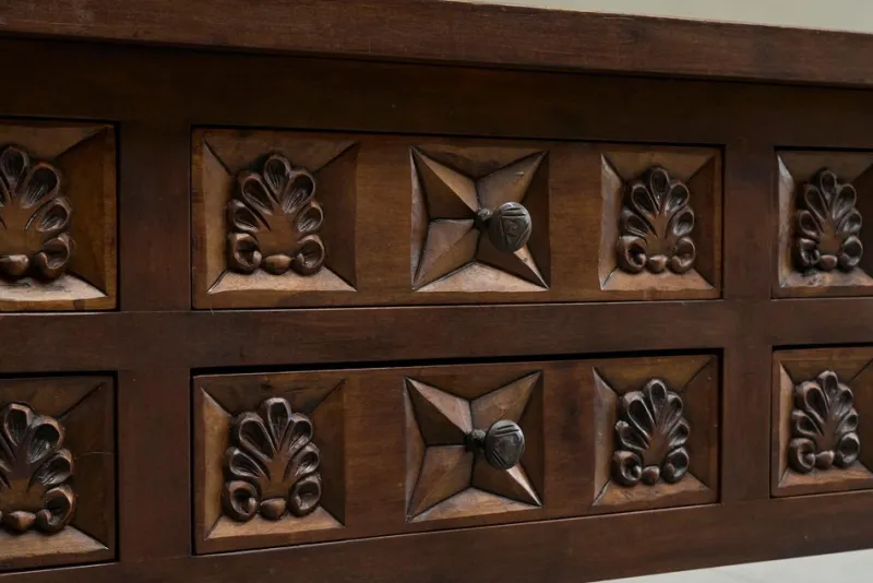 Pamono Spanish Style Sideboard in Hand Carved Walnut and Wrought Iron, 1940s