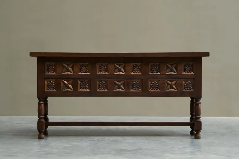Pamono Spanish Style Sideboard in Hand Carved Walnut and Wrought Iron, 1940s