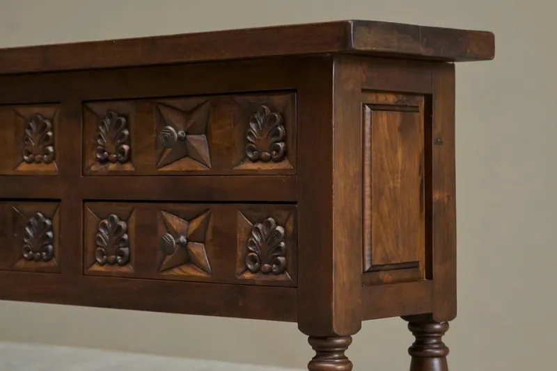 Pamono Spanish Style Sideboard in Hand Carved Walnut and Wrought Iron, 1940s