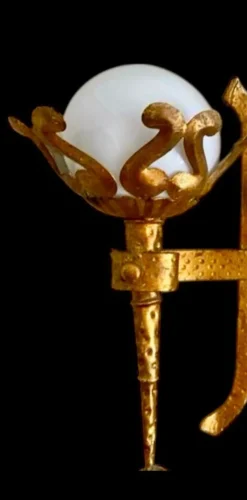 Pamono Spanish Wall Light in Gilt Iron with Milk Glass Globes, 1950, Set of 2><noscript><img width=