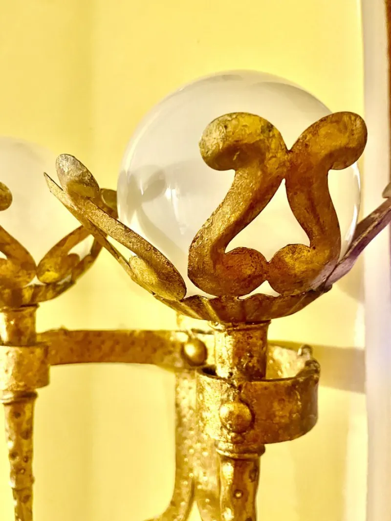 Pamono Spanish Wall Light in Gilt Iron with Milk Glass Globes, 1950, Set of 2> Wall Lights & Sconces