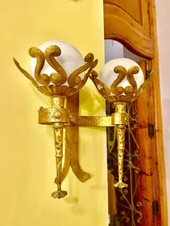 Pamono Spanish Wall Light in Gilt Iron with Milk Glass Globes, 1950, Set of 2><noscript><img width=