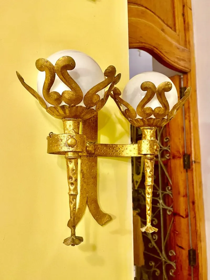 Pamono Spanish Wall Light in Gilt Iron with Milk Glass Globes, 1950, Set of 2> Wall Lights & Sconces