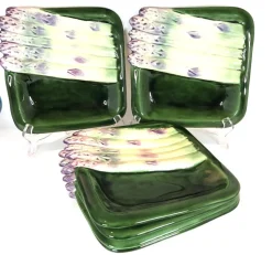 Pamono Square Barbotine Asparagus Plates by Marcel Guillot, Set of 12