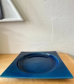 Pamono Square Blue Glazed Ceramic Plate, Italy, 1970s> Trays
