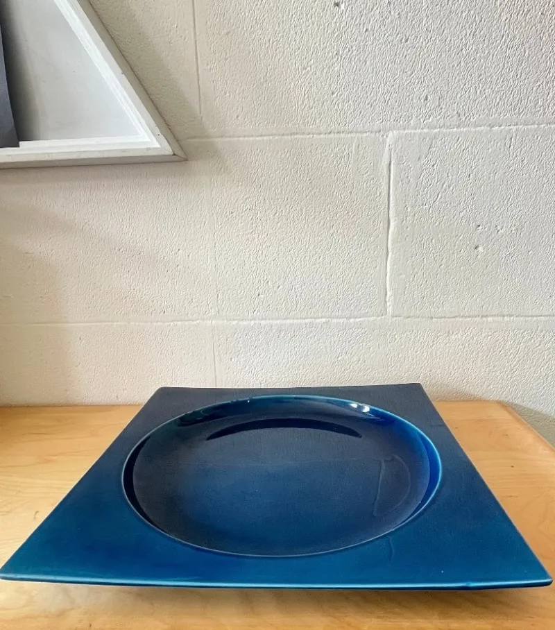 Pamono Square Blue Glazed Ceramic Plate, Italy, 1970s> Trays