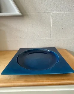 Pamono Square Blue Glazed Ceramic Plate, Italy, 1970s><noscript><img width=
