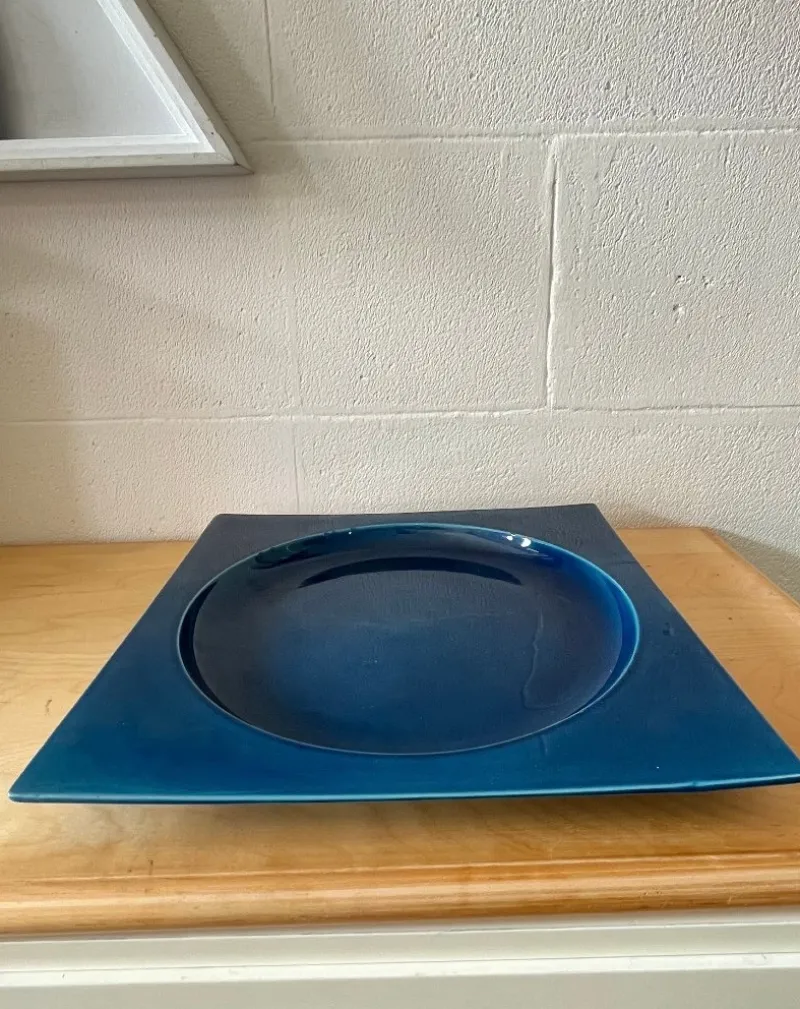 Pamono Square Blue Glazed Ceramic Plate, Italy, 1970s> Trays