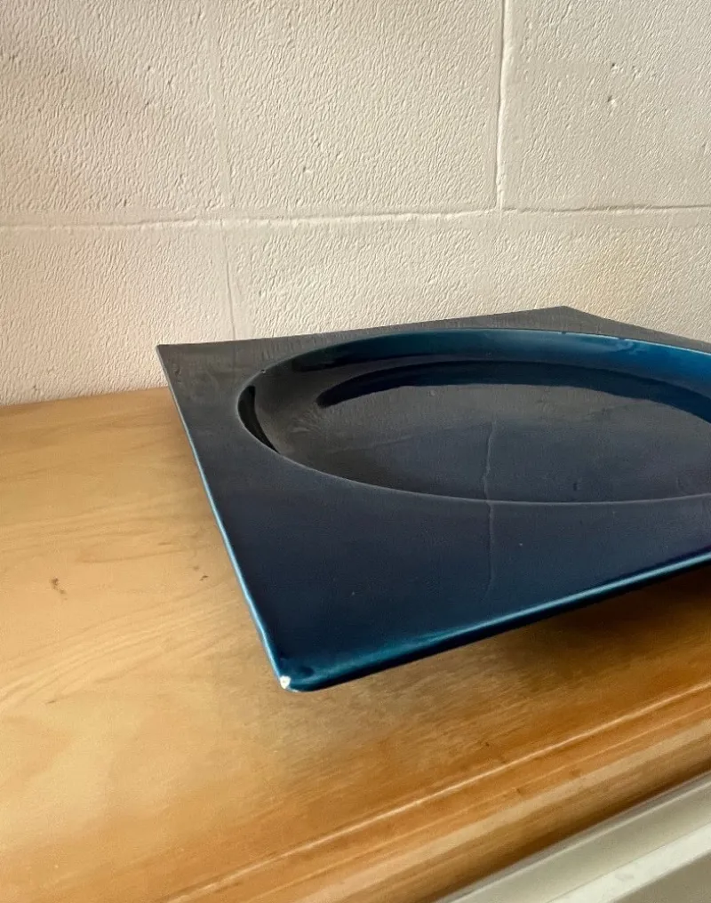 Pamono Square Blue Glazed Ceramic Plate, Italy, 1970s> Trays