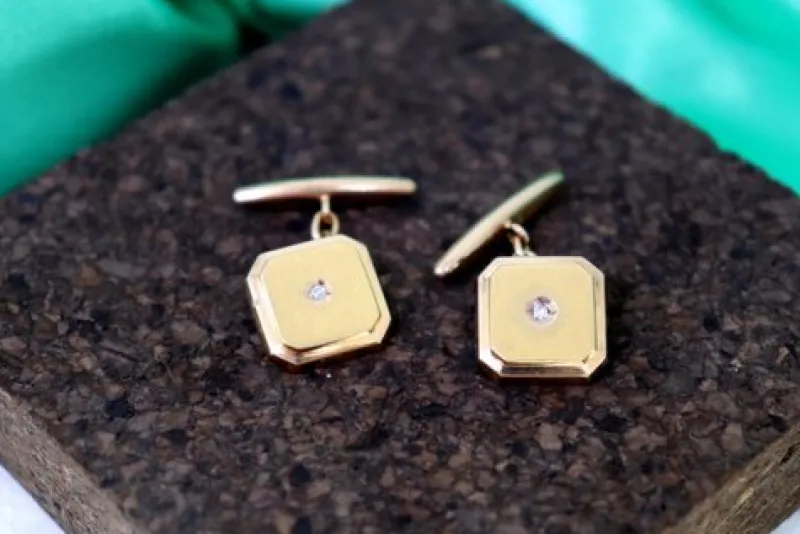 New Pamono Square Gold Cufflinks with Brilliant-Cut Diamonds and Trims, Set of 2