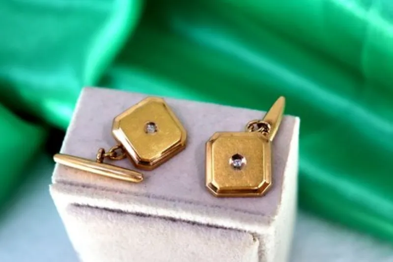 New Pamono Square Gold Cufflinks with Brilliant-Cut Diamonds and Trims, Set of 2