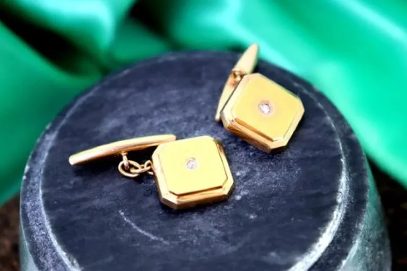 New Pamono Square Gold Cufflinks with Brilliant-Cut Diamonds and Trims, Set of 2