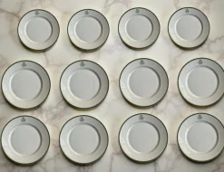 Pamono SS Monogramed Desert and Flat Plates with Gold Trim by Bareuther Bavaria, Germany,1930s, Set of 12><noscript><img width=