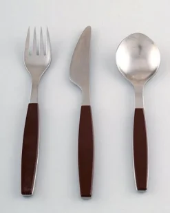 Best Pamono Stainless Steel & Brown Plastic Strata Cutlery by Henning Koppel for Georg Jensen, 1970s, Set of 20