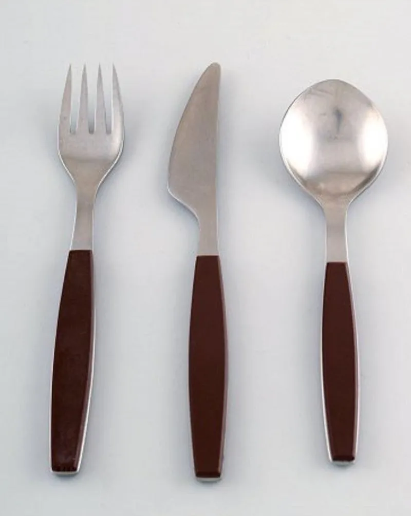 Best Pamono Stainless Steel & Brown Plastic Strata Cutlery by Henning Koppel for Georg Jensen, 1970s, Set of 20