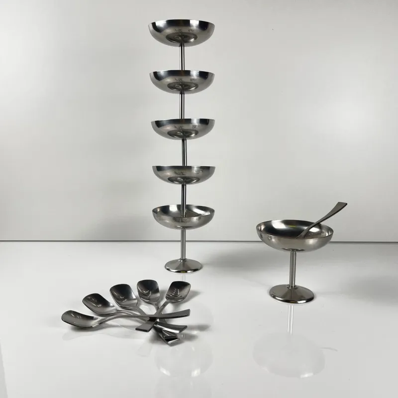 Pamono Stainless Steel Ice Cream Cups with Spoons by Guy Degrenne, 1970s, Set of 12> Dinner Plates & Bowls