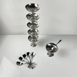 Pamono Stainless Steel Ice Cream Cups with Spoons by Guy Degrenne, 1970s, Set of 12><noscript><img width=