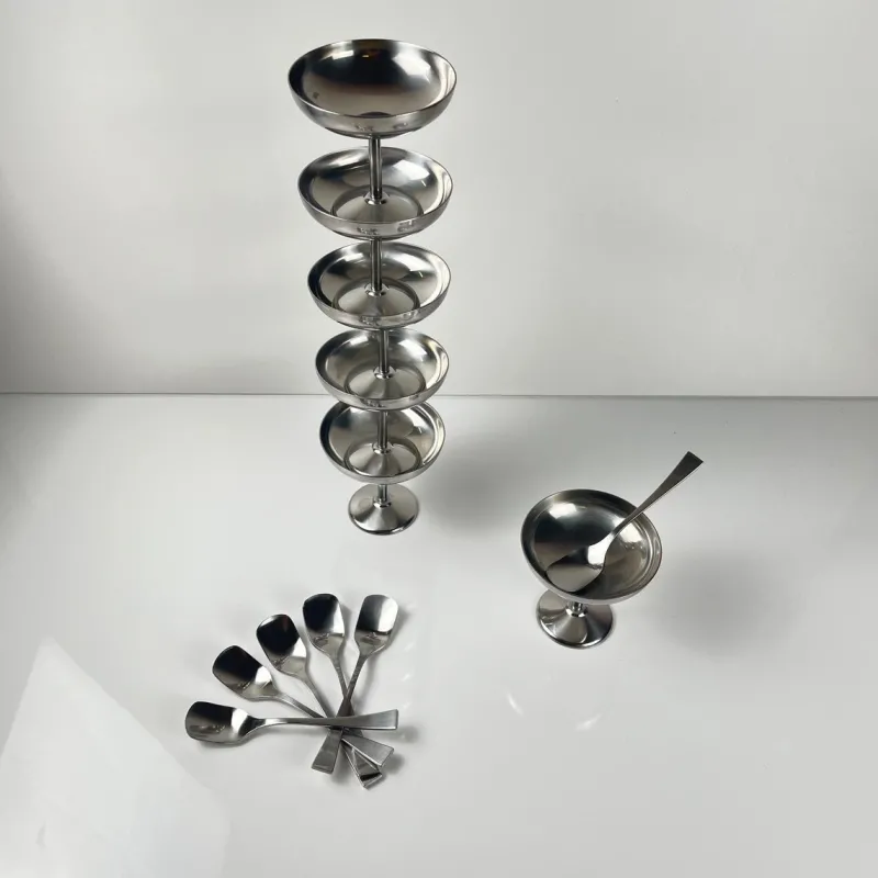 Pamono Stainless Steel Ice Cream Cups with Spoons by Guy Degrenne, 1970s, Set of 12> Dinner Plates & Bowls