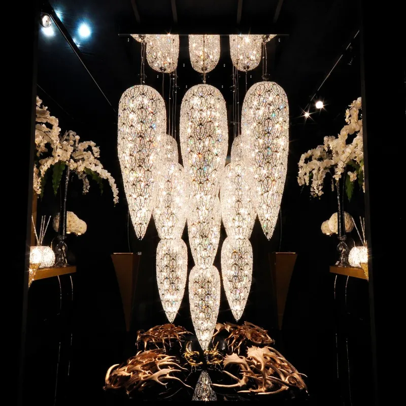 Pamono Steel & Crystal Sensation Arabesque Light Fall Ceiling Chandelier with 17 Lamps from VGnewtrend> Ceiling Lights