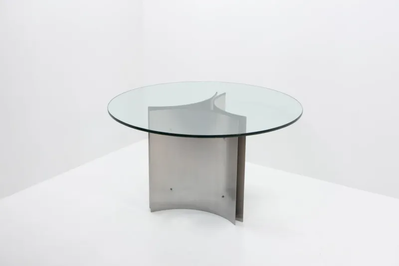 Pamono Steel and Glass Dining Table attributed to Michel Boyer, France, 1970s> Dining Tables & Sets