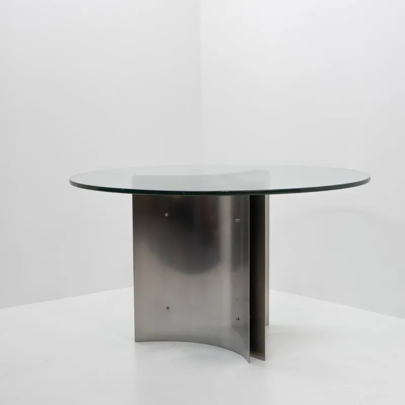 Pamono Steel and Glass Dining Table attributed to Michel Boyer, France, 1970s> Dining Tables & Sets