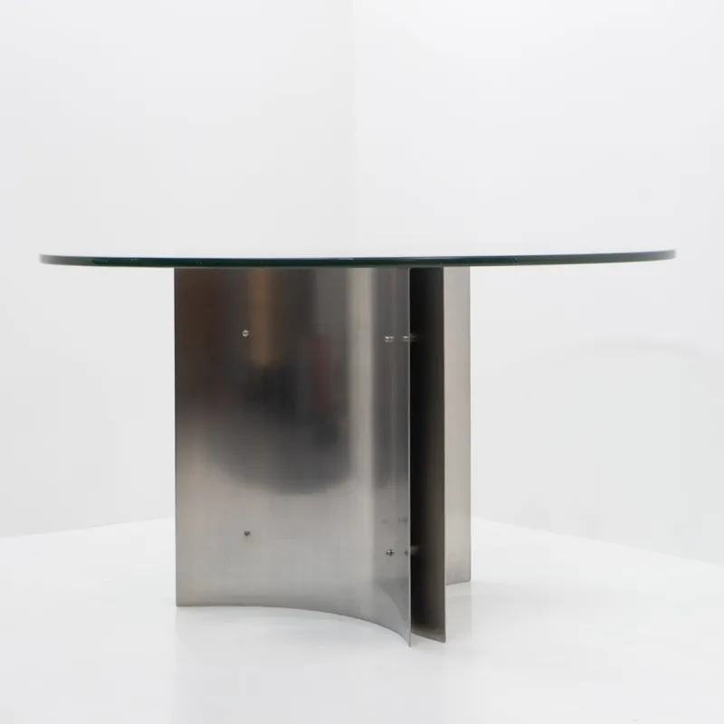 Pamono Steel and Glass Dining Table attributed to Michel Boyer, France, 1970s> Dining Tables & Sets
