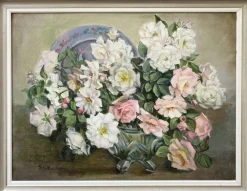 Pamono Stella Lane, Pink and White Roses in Glass Vase, Oil on Board, Mid 20th Century, Framed> Impressionist|Mid-Century
