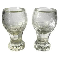 Sale Pamono Stemmed Glasses in Thick Cut Crystal with Scrolling Decoration and Monogram, Bohemia, 1900s, Set of 2